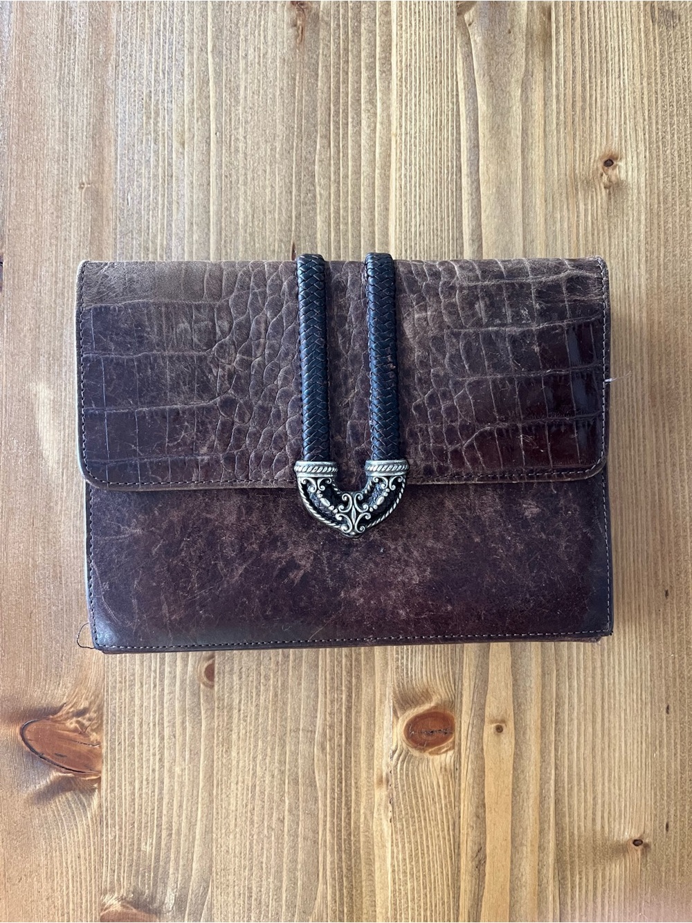 Brighton Croc-Embossed Brown Leather Clutch with Decorative Silver Accent